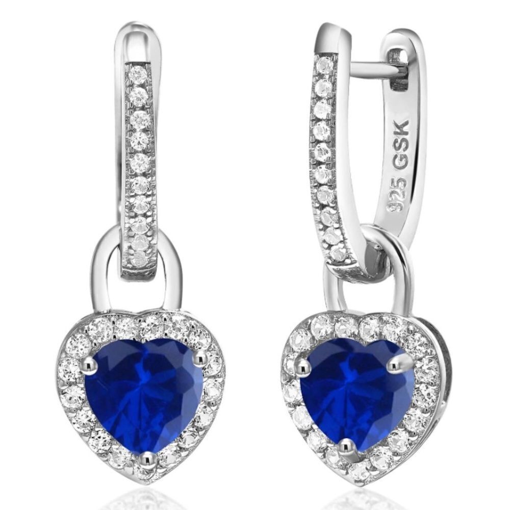 925 Sterling Silver 2.10 Cttw Blue Sapphire and White Sapphire Heart Earrings